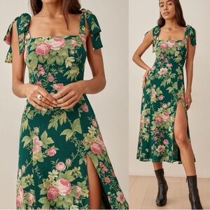 Green Floral Tie Strap Midi Dress with Slit
